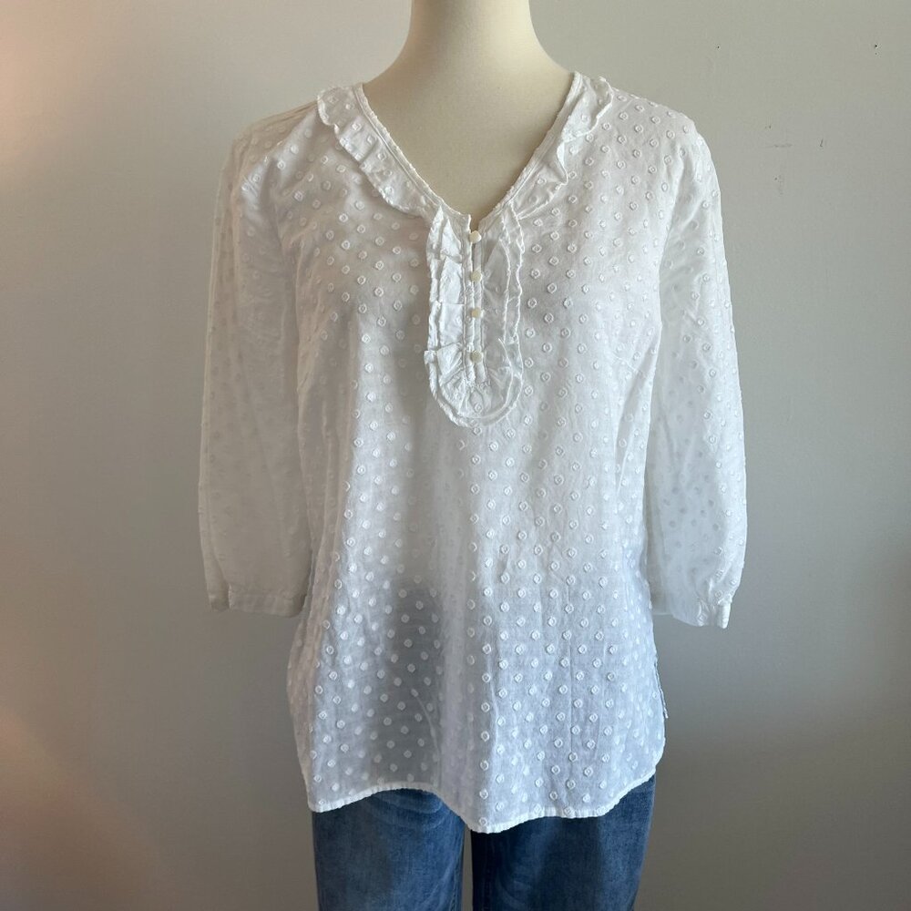 Talbots White Swiss Dot Ruffle V-Neck Blouse